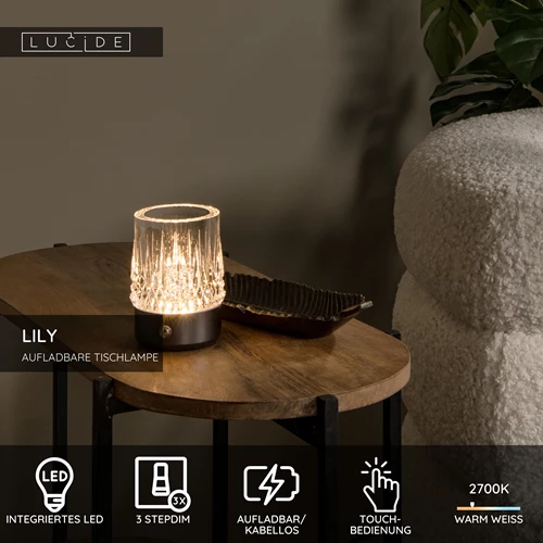 Lucide LILY - wiederaufladbare Tischlampe - Akku/Batterie - Ø 8 cm - LED 3 StepDim - 1x3W 2700K/3000K - Schwarzchrom - Set von 3 - USP